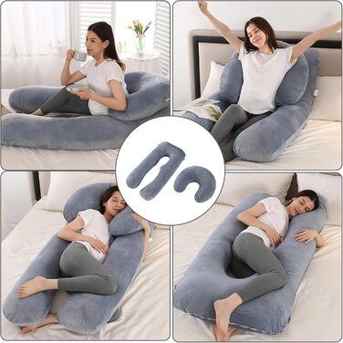 Подушка для вагітних Caliyo 2 шт. U-подібної форми, для сну на боці, з чохлом, велика подушка для годування, подушка для вагітних та комфортна подушка для дорослих (сірий, кристалевий велюр)