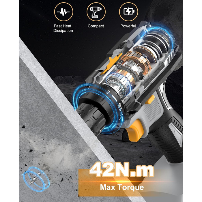 Акумуляторний шуруповерт LEEIKOO 21V, 42N.m, 2.0Ah, 10mm, 18+1, 20шт, LED, сірий