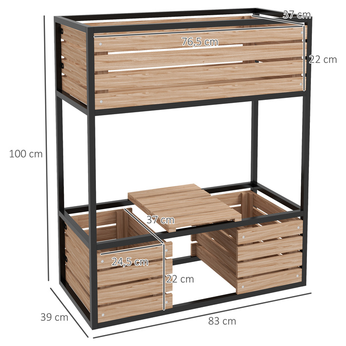 Outsunny Wooden Raised Garden Bed 2-Tier Flower Box with Storage Elevated Vegetable Bed with Interior Fleece Herb Bed Light Brown 83 x 39 x 100 cm