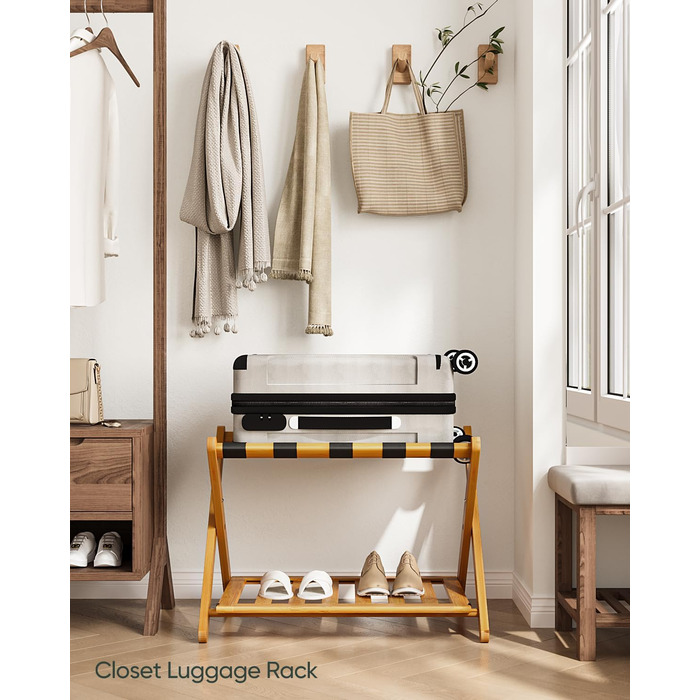 Fully assembled bamboo luggage rack with 5 straps, 2-tier foldable suitcase stand, wide wooden luggage rack, foldable luggage shelves, ideal for guest rooms, bedrooms, hotels