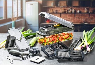 Набір для нарізки овочів Genius Nicer Dicer Plus (12 частин) - нарізник для овочів, цибулі, картоплі фрі, фруктів, універсальний нарізник, подрібнювач, шатківниця, для зберігання, срібний/чорний