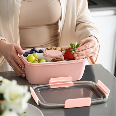 Ланчбокс Bugucat 2000 мл, витікання, Bento Box з відділеннями для дітей, контейнер для салату, набір з виделкою, для школи, пікніка, чорний (2000 мл, темно-рожевий)