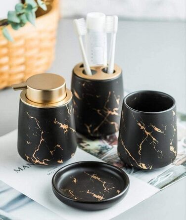 Набір для ванної кімнати з 4 предметів, кераміка, набір аксесуарів для ванної кімнати, імітація мармуру, себорегулятор, стаканчик для зубної пасти, тримач для зубних щіток, мильниця (Темно-зелений) (Чорний)