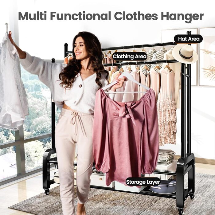 Стійка для одягу на колесах, чорна, з двома перекладинами, подвійне зберігання