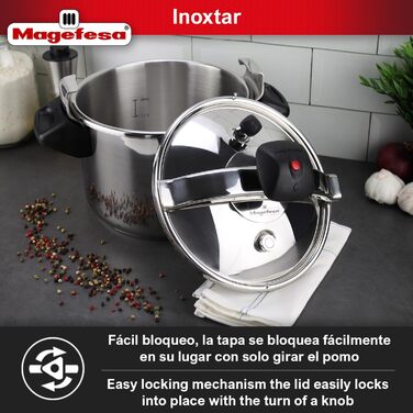 Скороварка Magefesa Inoxtar 10 л, нержавіюча сталь 18/10, індукція, здорове приготування, 5-шаровий термодно, поворотний замок