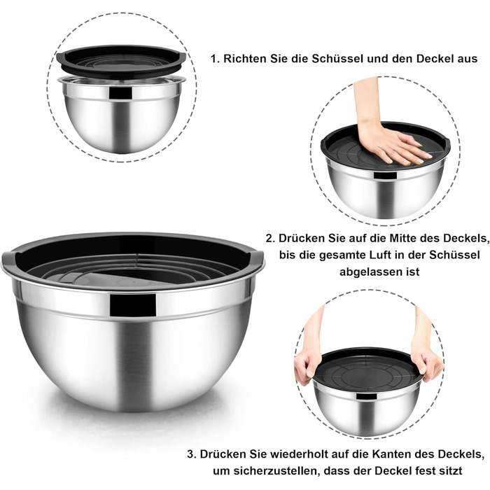 Homikit Mixing Bowl Set, Stainless Steel Bowl 7-Piece Set, Salad Bowl with Airtight Lid for Cooking/Baking/Serving, Nesting & Dishwasher Safe, 6.5/4.5/2.7/2.5/1.5/1.2/0.7L, Black