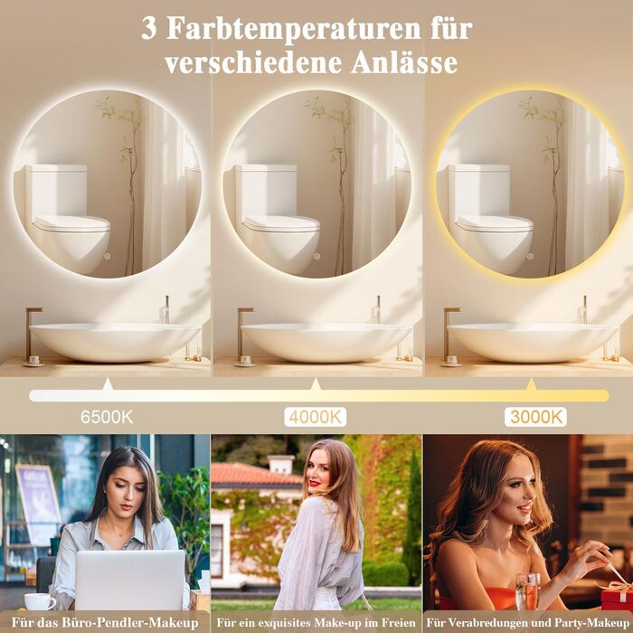 Дзеркало для ванної кімнати з підсвічуванням LED, антизапотівання, сенсорне управління, регулювання яскравості, 3 кольори світла, функція пам'яті, захист від вибуху, кругле дзеркало 50 см (діаметр), 60x60 см (розміри)