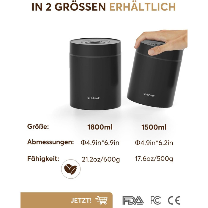 OUTPEAK 2025 Kilo Auto Вакуумна кавова банка 1,8L для 601.0 г кавових зерен, автоматичне керування, бак з нержавіючої сталі з ложкою, свіжість на 6 місяців (Вибір чемпіона бариста) 1.8L-S/Steel-Space Grey