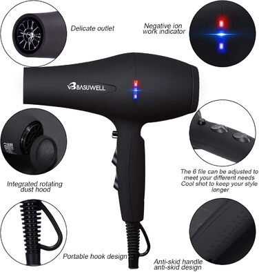 Фен Basuwell Ionen Pro 2100W з дифузором: потужний, тихий, для салону краси, інфрачервоний, 3 режими, 2 швидкості, чорний