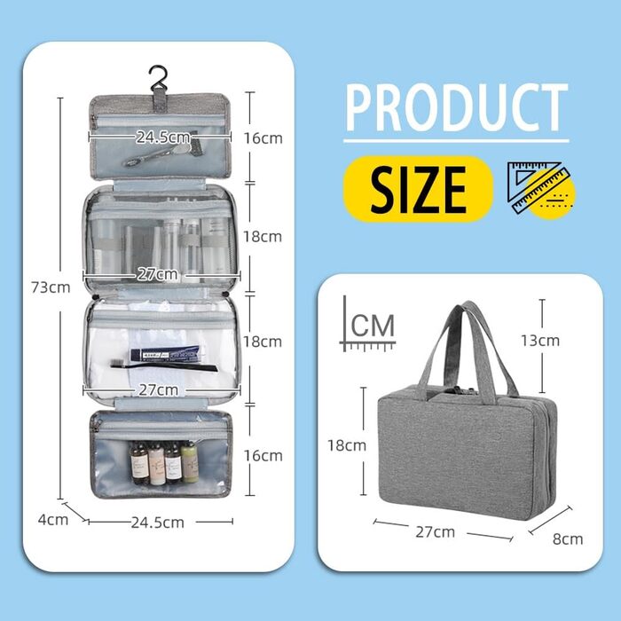 Кришталево-сіра дорожня косметичка Pinkiou з гачком для підвішування - велика, водонепроникна, для жінок