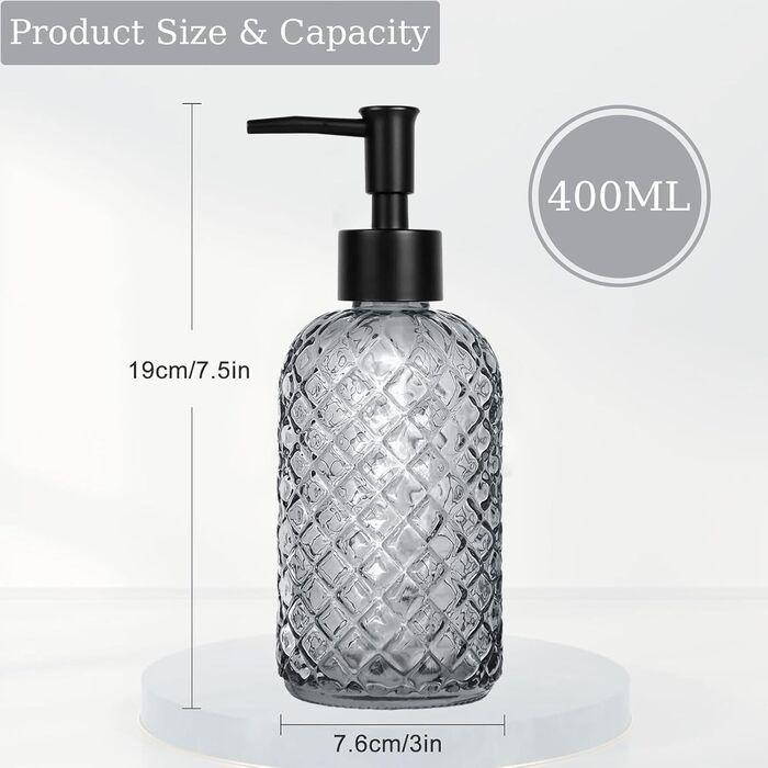 Скляний диспенсер для мила 500 мл з хвильовим дизайном для ванної кімнати та кухні, з чорним насосом, дерев'яними етикетками та воронкою (Charcoal, сірий)