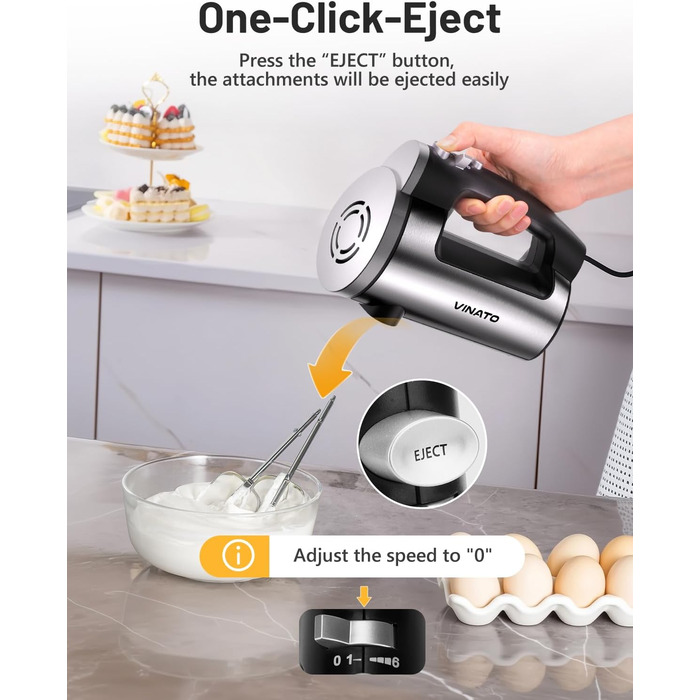 Електричний міксер VINATO 300W з 6 швидкостями, 2 насадки (венчик та гак) | Для тіста, яєць, збивання вершків, випічки | Потужний, захист від перегріву (чорний)