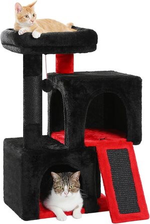 PETEPELA Scratching Post with Dual Condos for Apartment Cats, All-in-One Cat House with Padded Perch, Scratch Ramp & Post, and Replaceable Balls (Black, S 77cm)