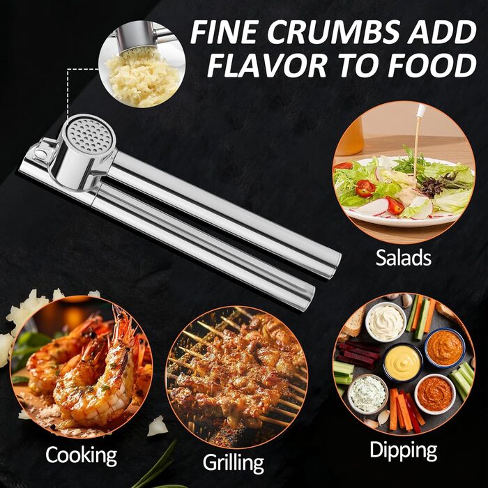 Пресс для часнику з нержавіючої сталі VINATO з очищувачем та щіткою для чищення, кухонний аксесуар для натискання та очищення часнику, придатний для миття в посудомийній машині