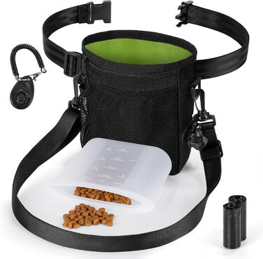 Набір для собак: сумка для ласощів, клікер, диспенсер для відходів, поясна сумка для корму. Чорний & зелений інтер'єр