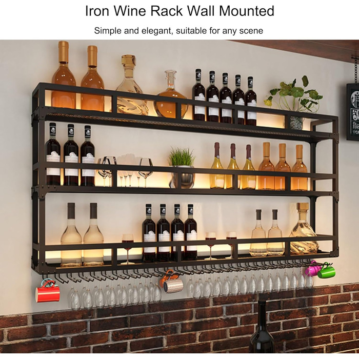 Металева полиця для вина на стіну з підсвічуванням, 80 см, чорний колір. Вузька шафа для вина, підставка для келихів, міні-бар для дому, кухні, вітальні. 3 яруси.