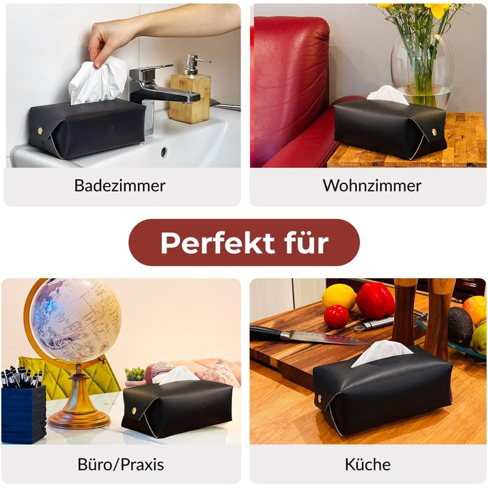 Genuine Leather Cosmetic Tissue Box, Handcrafted, Made in Italy, Perfect for Living Room, Bathroom, Kitchens, and Office/Practice (Black)