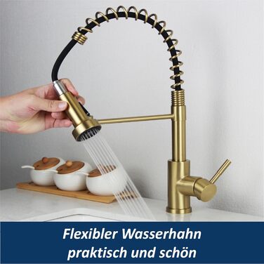 Чорний кухонний змішувач з висувною лійкою, високий поворотний вилив, 2 режими розпилення, шланговий, нержавіюча сталь, матове золото