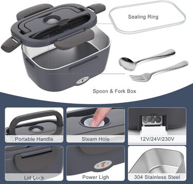 Електрична ланчбокс Carsolt 80W 1,5L з 3 функціями (нагрівання, термобокс, ланчбокс) для авто, офісу та дому. Висока якість, сірий колір, 12V/24V/230V, знімний контейнер. Безпечна від протікання.