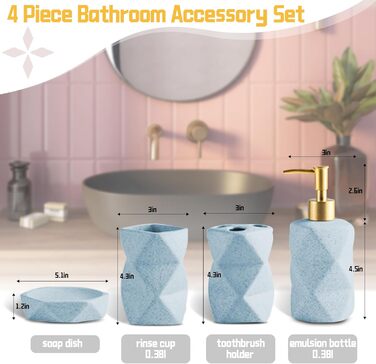 Bathroom Accessories Set, Blue Bathroom Accessories Set, Soap Dispenser, Toothbrush Holder, Cup, Soap Dish, Modern, Elegant, Bathroom Organizer, Ceramic Bathroom Decor Set (Blue)