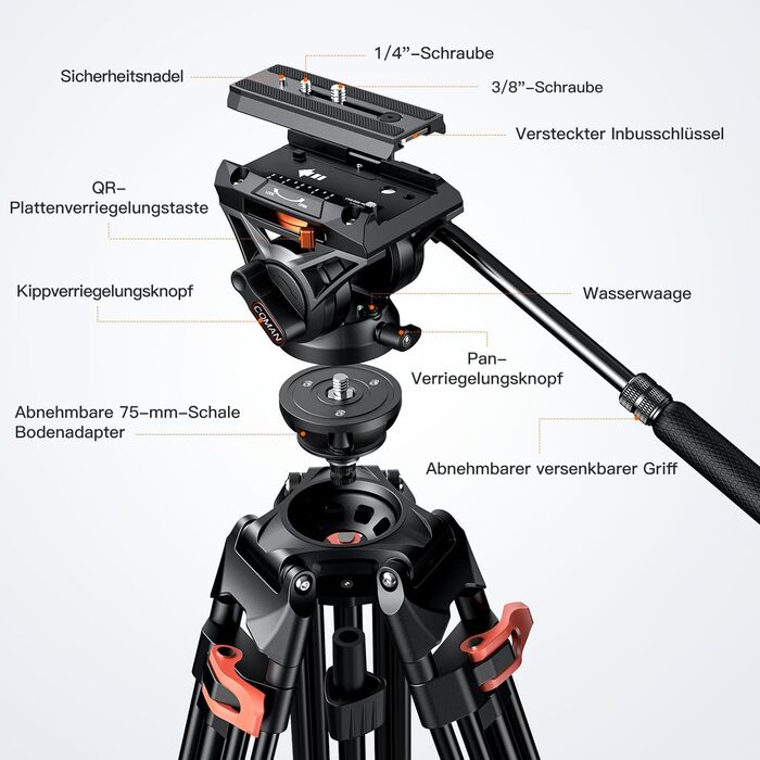 Штатив для камери COMAN 186см з алюмінію, 360° обертання та +/-90° нахил, відео штатив, максимальне навантаження 10кг