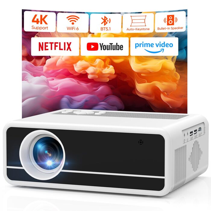 Проектор AKATUO Smart 4K з підтримкою Netflix, Full HD 1080P, WiFi6 Bluetooth, електричним фокусом та автотрапецеїдною корекцією для дому та вулиці (сумісний з iPhone)