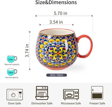 HENXFEN Cappuccino Cup Set, 600ml Porcelain Coffee Cups with Handle, Set of 6 Porcelain Cups for Tea, Coffee, Milk, Cappuccino with Pattern and Colorful - Bohemian Style