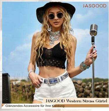 Жіночий шкіряний ремінь JasGood з камінням, стиль вестерн, ковбойський, з заклепками для джинсів та штанів (Синій, 105 см, підходить для розміру 66-80 см)