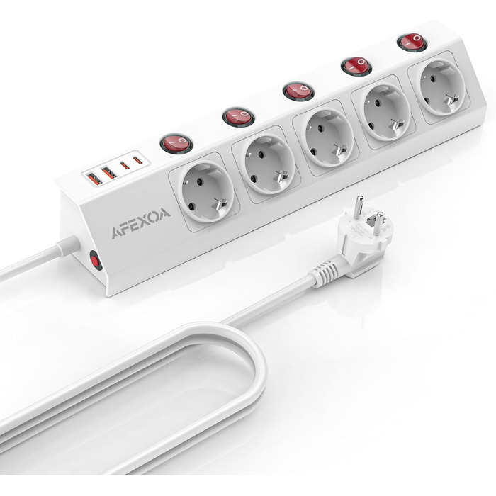 Мережевий фільтр 5-портовий з USB, індивідуальне вмикання, білий (3680W/16A) з 2 USB-C та 2 USB-A, швидка зарядка, захист від перенапруги, дитячий захист для офісу