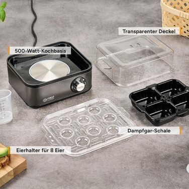 Яйцеварка First Austria TZS Grey - 8 яєць, 4 режими, функція приготування на пару, автовимкнення, захист від перегріву, мірна склянка та формочки для яєць