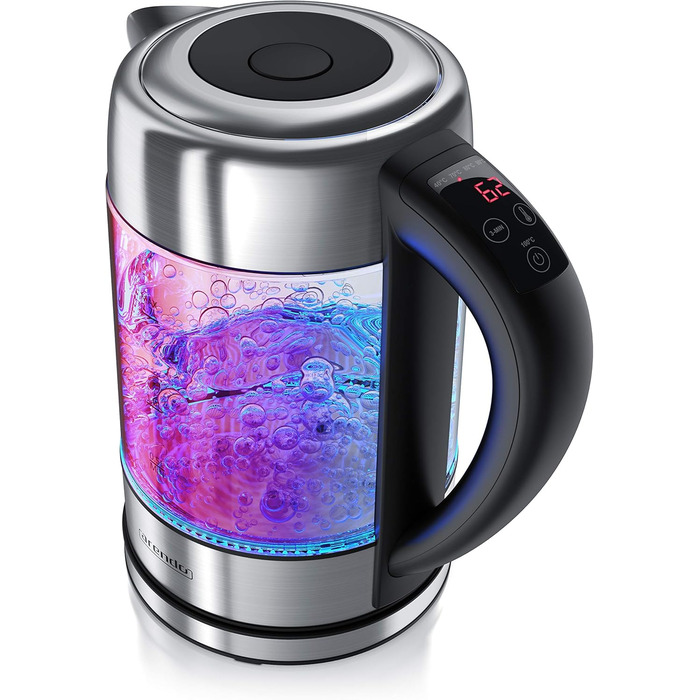 Arendo - Glass Kettle with Temperature Setting – 1.7l - Adjustable Temperatures 40° - 100 °C – Digital Temperature Display - Keep Warm Function – Energy-Saving – BPA-Free - RGB Lighting