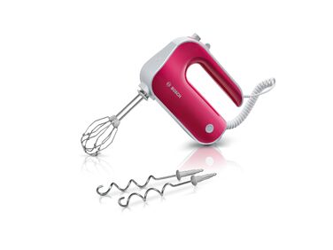 Ручний міксер Bosch MFQ40304: 2 віська, 2 гачки для тіста, 5 швидкостей + Turbo, 500 Вт, кольори: малиново-червоний/сріблястий