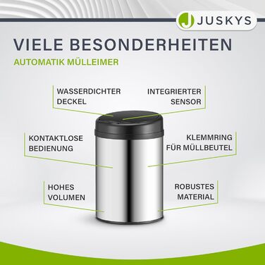 Відро для сміття Juskys з датчиком руху, 30 л, сріблястого кольору. Нержавіюча сталь, контактне відкриття, Klemmring для пакетів.