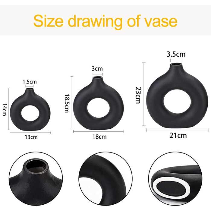 Набір ваз для квітів - 2 шт. з кераміки, білі, для декору будинку, сухоцвітів, Pampas grass, подарунок, малі та середні розміри (чорний)