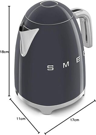 Електричний чайник Smeg KLF03PKEU 1.7L сірого кольору з нержавіючої сталі, з м'яким відкриванням кришки та фільтром від накипу