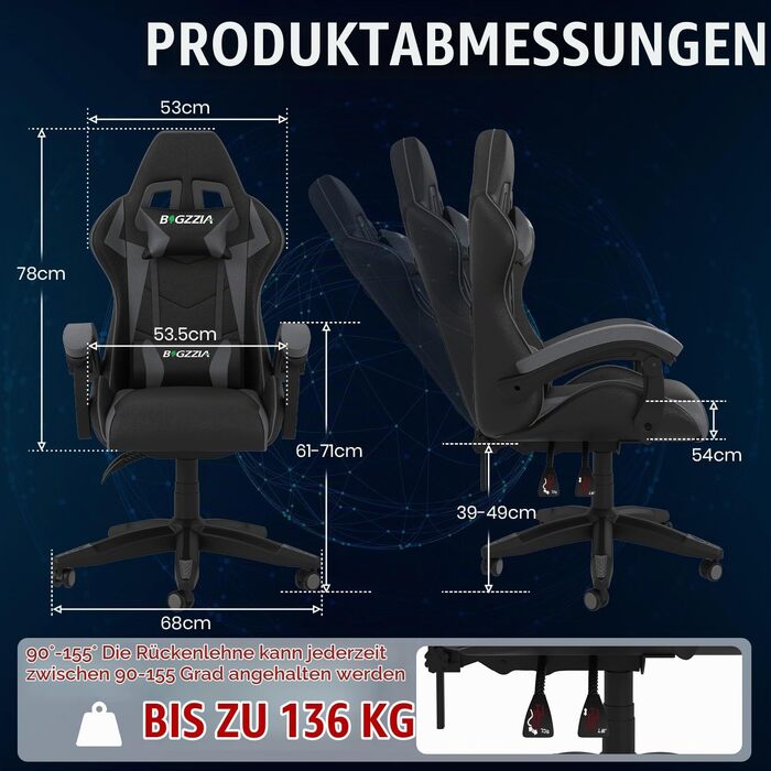 Ігрове крісло Bigzzia Gaming Stuhl з підігрівом, регульована спинка 90-135°, ергономічний геймерський стілець (сірий)