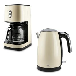 Набір для сніданку KHG: чайник та тостер, кремово-бежевий, ретро-стиль, 1.7л, 2 тости, 360° обертання, кнопка відкривання, індикатор, регулювання ступеня підсмажування, функції підігріву та розморожування (комплект з кавоваркою)