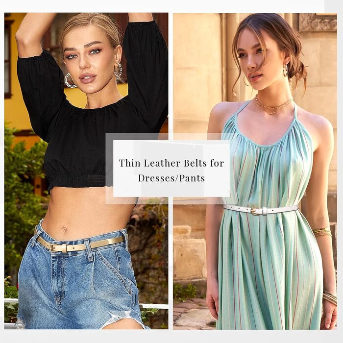 LEACOOLKEY Набір з 4 тонких шкіряних жіночих ременів для суконь, джинсів та штанів з золотою пряжкою (100см, 130см). Підходить для об'єму талії 66-79см та 104-114см. Кольори: золото, сірий, рожевий, фіолетовий