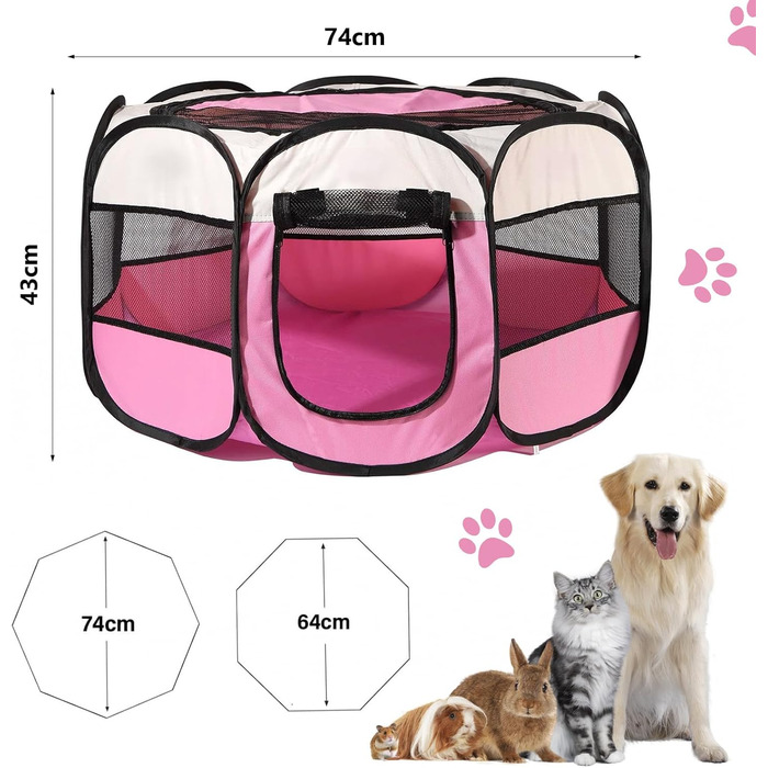 Клітка-загон для собак та котів 73x73x43 см, рожева, портативна, для внутрішнього та зовнішнього використання