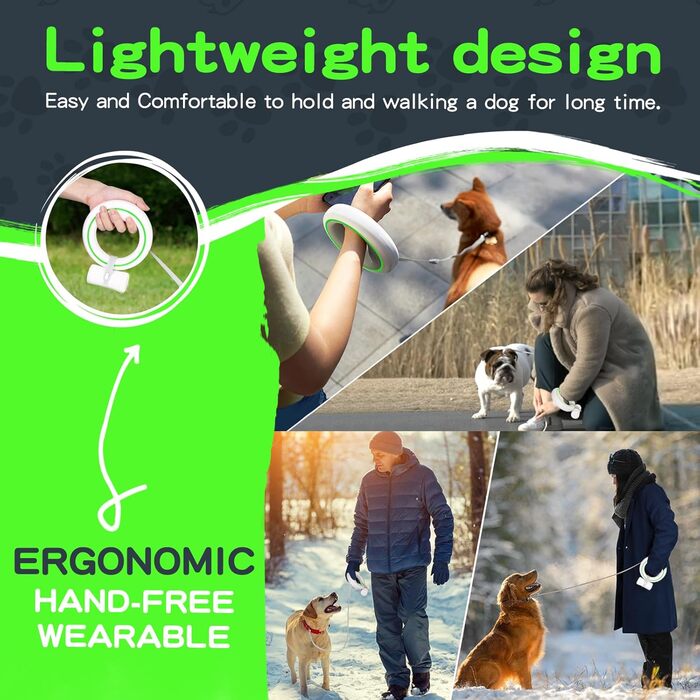 Висувна поводок для собак, ручне кріплення, 360°, без спутанності, 3 м, з тримачем для собачого посліду, для середніх та маленьких собак (чорний/зелений)