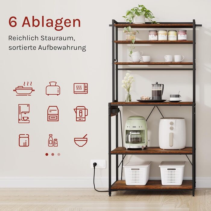 Кухонна полиця WOLTU з 6 ярусами, з розетками, для мікрохвильової печі, з металевим каркасом, регульовані полиці, Чорний+Рустик Браун, 60 x 167 x 40 см (Чорний+Вінтаж Браун, 80 x 39,5 x 167 см)