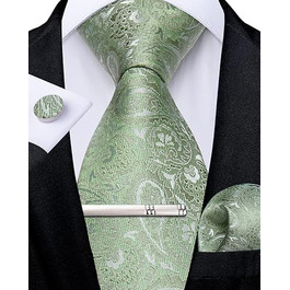 Краватка DiBanGu чоловіча, шовкова, з візерунком павлина та квітами, комплект: краватка, нагрудна хустинка, краваткова застібка, запонки, для весілля, свят, класичний стиль (світло-зелений)