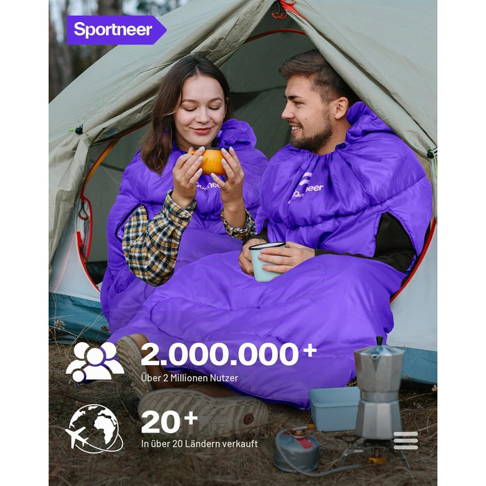 Спальний мішок Sportneer Outdoor для дорослих, теплий ковдувальний спальник на 3-4 сезони для кемпінгу та подорожей (220x85 см, фіолетовий, 10-26 °C)