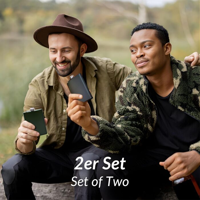 Набір з 2 флаконів з нержавіючої сталі (8oz/227ml) з воронкою - чорний/зелений - мілітарі дизайн - для алкоголю