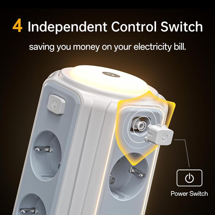 Многофункціональна мережева розетка з 8 розеток, 4 USB-портами та світлом, захист від перенапруги, 2м кабель, 16А, білий