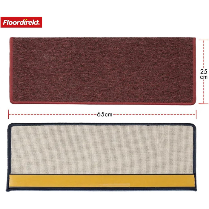 Килимок для сходів Floordirekt 15 шт., 65x23 см, напівкруглий/прямокутний, бордовий (самоклеючий)