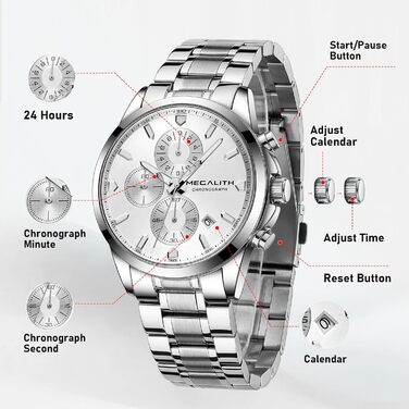 MEGALITH Чоловічий годинник з нержавіючої сталі, Хронограф, Водостійкий, Аналоговий годинник для чоловіків, Бізнес-дизайн, Календар, Світіння (B-silver)