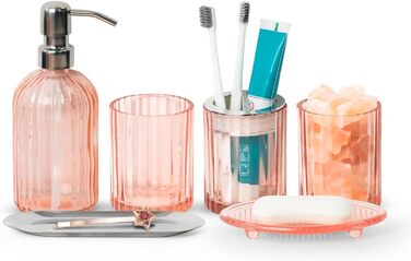 Umimile Bathroom Accessories Set, 6-Piece, Green Glass, Complete Toothbrush Holder, Cup, Lotion Dispenser, Soap Dish, Vanity Organizer, Aromatherapy Cup for Apartment, Bathroom Decor (Pink, 6 Pcs Bathroom Set)