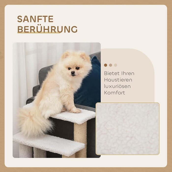 PawHut 3-Step Pet Stairs with Scratching Pillars, Ball, Dog Stairs, Pet Stairs for Cats up to 5 kg, Plush Jute, White, 45 x 40 x 48 cm (60L x 40W x 64H cm, White)
