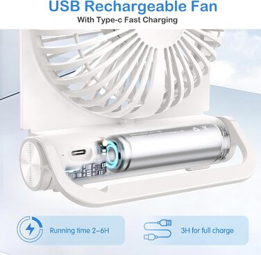 EasyAcc USB вентилятор: мініатюрний, тихий, настільний з гарантією 2 роки. Потужний, з 3 швидкостями, поворот на 360 градусів. Ідеальний для офісу, дому, робочого столу. (Білий, прямокутний, акумулятор 4000mAh)